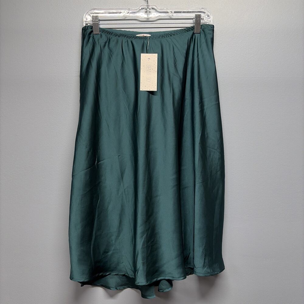 Sienna Sky Satin Slip Midi Skirt Large Teal Green Silky Feminine Forest Romantic